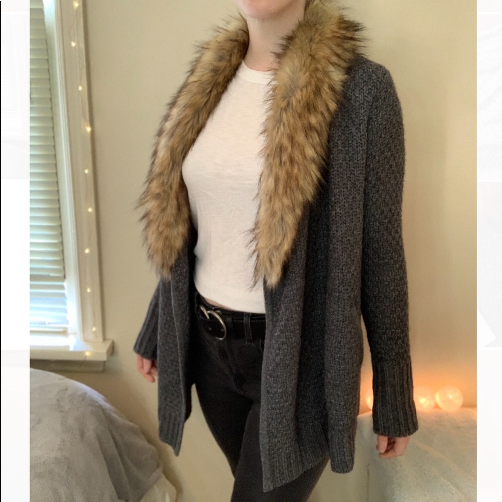Designer Faux Fur Joie Grey Knit Sweater Size XS